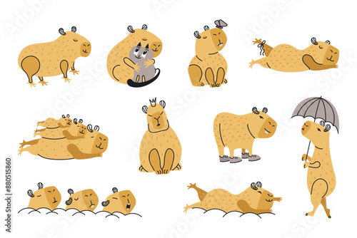 Set of cartoon funny Capybars