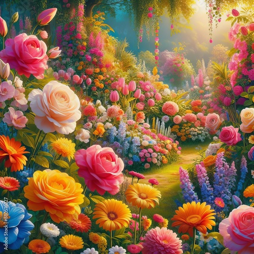 Wallpaper Mural Colourful Tulips Flowerbeds and Stone Path in an Spring Formal Garden, retro toned Torontodigital.ca