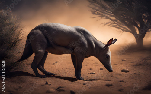 An aardvark digging furiously in the African bush under the night sky, searching for ants photo