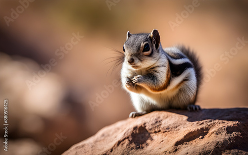 An antelope squirrel perched on a desert rock in the American Southwest, its eyes bright and alert photo