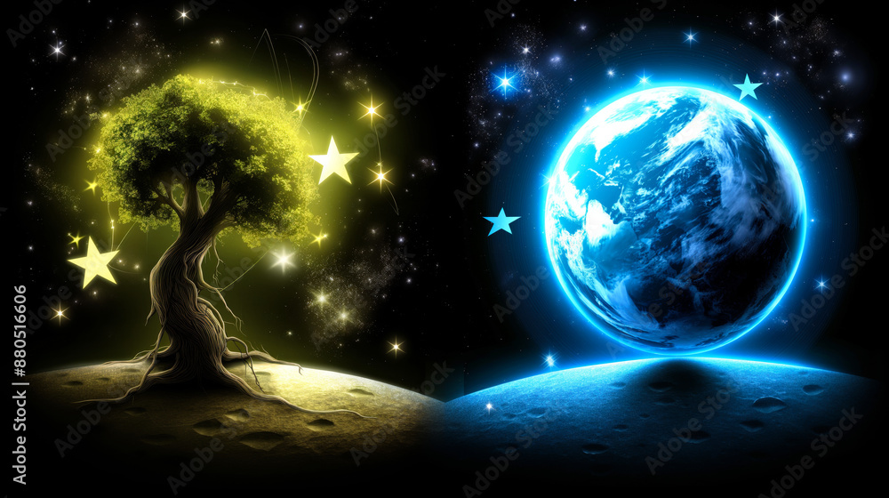 Obraz premium A glowing tree with hanging stars on the left and a luminous Earth on the right, set against a starry cosmic background. The composition merges nature and space, creating a fantastical atmosphere