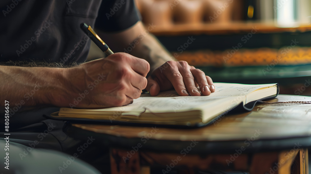 Obraz premium Left handed man hand with pen writing on notebook.
