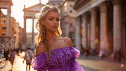 In Rome, a beautiful woman with blond hair poses near the Pantheon in a luxurious dress and accessories © Антон Сальников