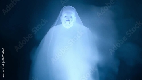 A ghostly male apparition hovers above the ground and makes a terrifying face.