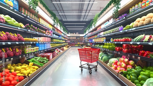 Brightly lit supermarket aisle with an empty red shopping cart, surrounded by neatly stocked shelves of fresh produce and colorful packaging, creating a sense of abundance.