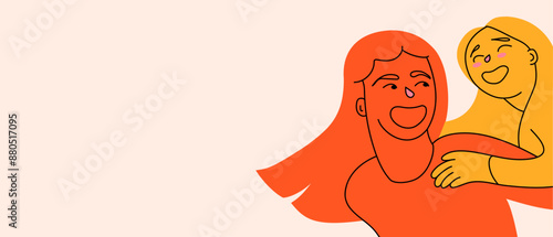 Drawn colorful characters of mother and daughter cheerfully playing, sharing tender and happy moment. Creative vector illustration. Concept of family, parenthood, childhood. Hand drawn