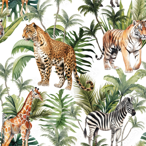 Watercolor Tropical seamless pattern with animals leopard, tiger, giraffe, zebra and plants, showcasing the beauty of jungle life