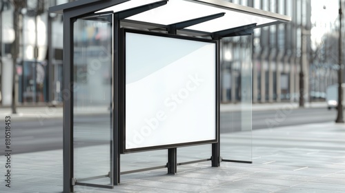 Realistic photo of bus stop with empty ad placeholder, glass and aluminum shelter, white lightbox, urban setting, high-resolution detail, focus cover all object photo