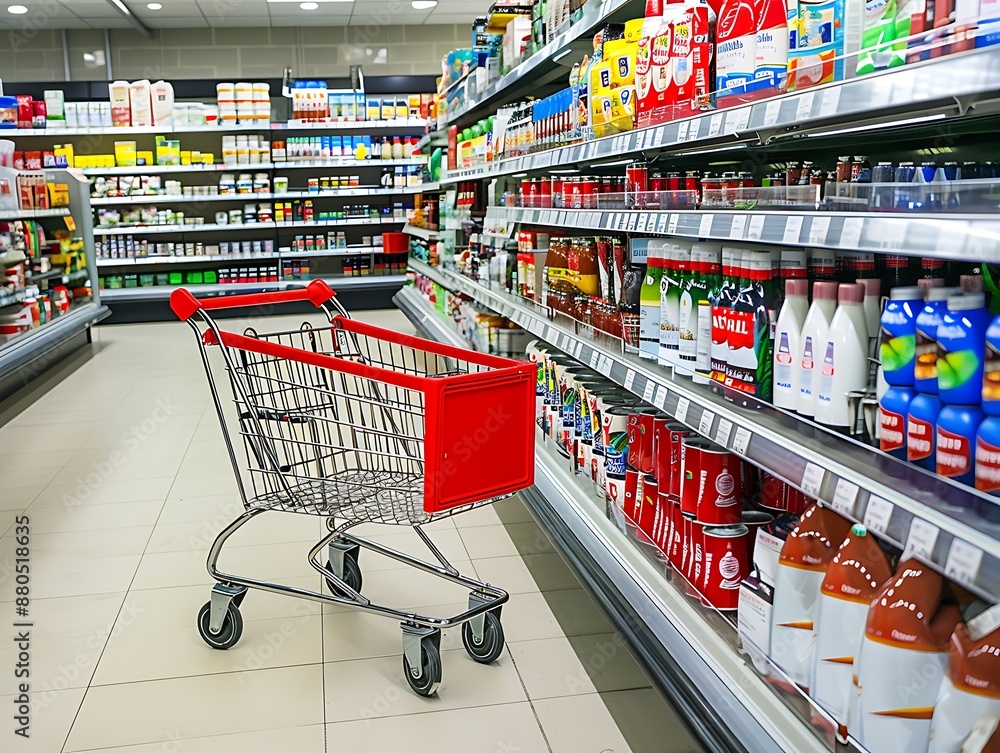 Clean, organized supermarket aisle featuring a red shopping cart parked at an angle, with well-stocked shelves of diverse products, creating a vibrant and inviting atmosphere. Clean, organized supermarket aisle featuring a red shopping cart parked at an angle, with well-stocked shelves of diverse products, creating a vibrant and inviting atmosphere.