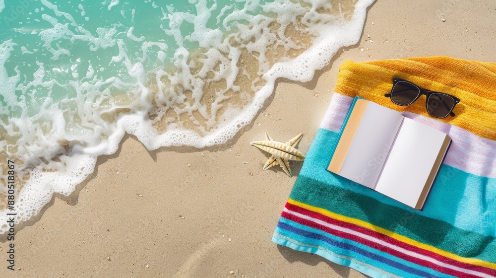 Naklejka premium Overhead shot of a colorful beach towel, a book, and sunglasses placed on the sand, with the ocean waves gently touching the shore in the background, focus cover all object