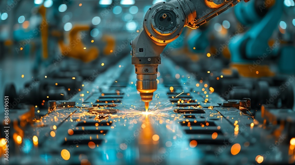 Close-up of Robotic Welding in Factory. Close-up of a robotic arm performing welding in a factory, demonstrating precision in the automotive manufacturing process. Close-up of Robotic Welding in Factory. Close-up of a robotic arm performing welding in a factory, demonstrating precision in the automotive manufacturing process.
