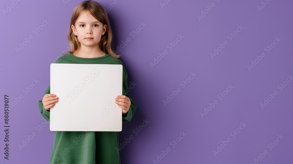 Pretty teen girl in green fashion wear, holding empty space, isolated on vivid purple background, ultra-realistic photo, high resolution, focus cover all object Pretty teen girl in green fashion wear, holding empty space, isolated on vivid purple background, ultra-realistic photo, high resolution, focus cover all object