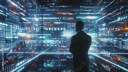 To stay competitive, a businessman collaborates with AI algorithms, fostering innovation in a high-tech environment