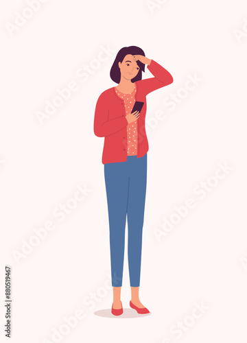 One Woman Looking Distressed With Her Mobile Phone. Full Length.