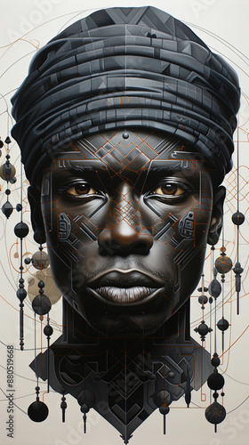 Contemporary Art Of A African Male Portrait With Black And White Tribal Thyme