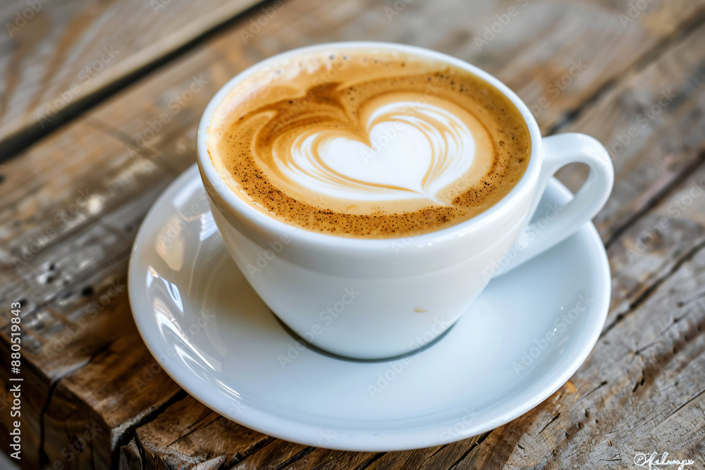 A cup of cappuccino with a heart-shaped latte art on a white cup and saucer, viewed from above on a wooden table background in a coffee shop. High quality image. A cup of cappuccino with a heart-shaped latte art on a white cup and saucer, viewed from above on a wooden table background in a coffee shop. High quality image.