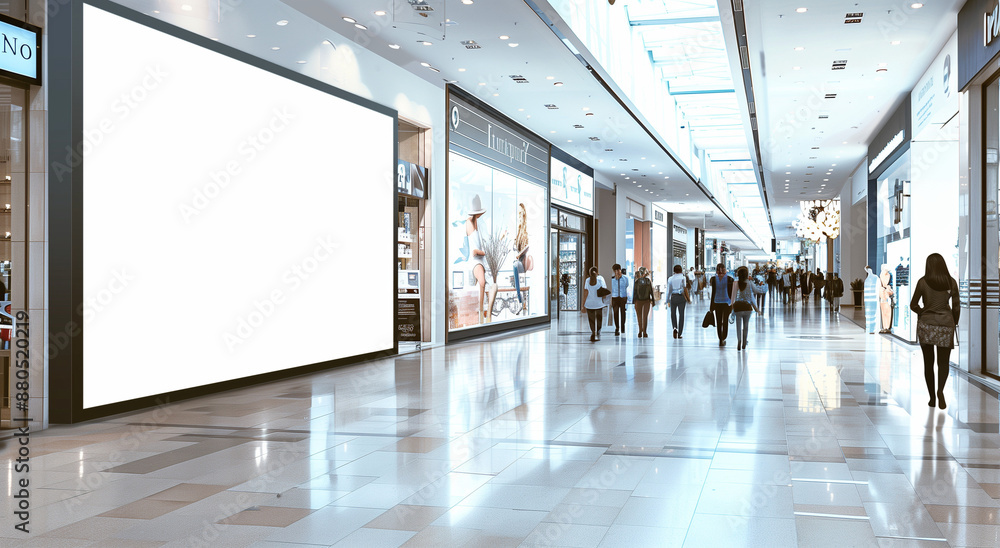 Blank white horizontal billboard in the Mall. Mockup advertising board, digital display, showcase with mall background. Blank white horizontal billboard in the Mall. Mockup advertising board, digital display, showcase with mall background.