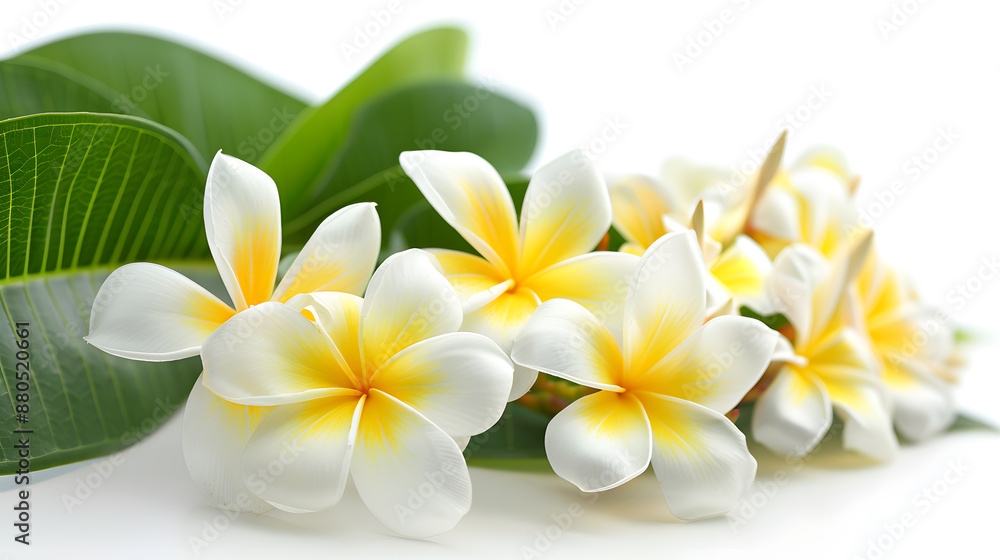 Fototapeta premium frangipani or plumeria , tropical flowers with green leaves isolated on white background