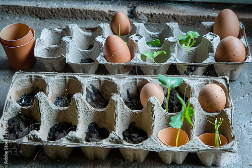 Reused egg trays as biodegradable pots for seedlings, sustainable home gardening and environmentally friendly living concept photo