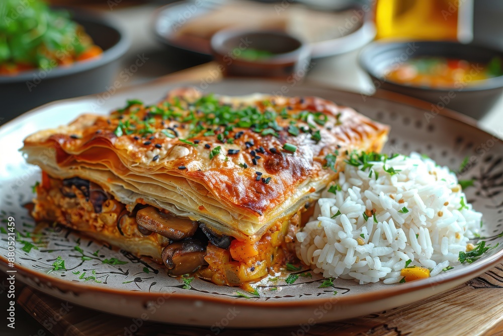 A serving of kulebyaka, a multi-layered pie filled with salmon, mushrooms, and rice, presented on a wooden board.