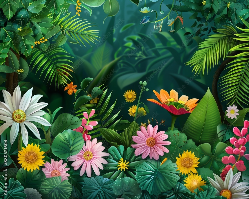 Naklejka premium jungle with colorful plants and flowers containing lotus, sakuras clover, grapefruit, rosemary, daisies, sunflower, camellia, acacia