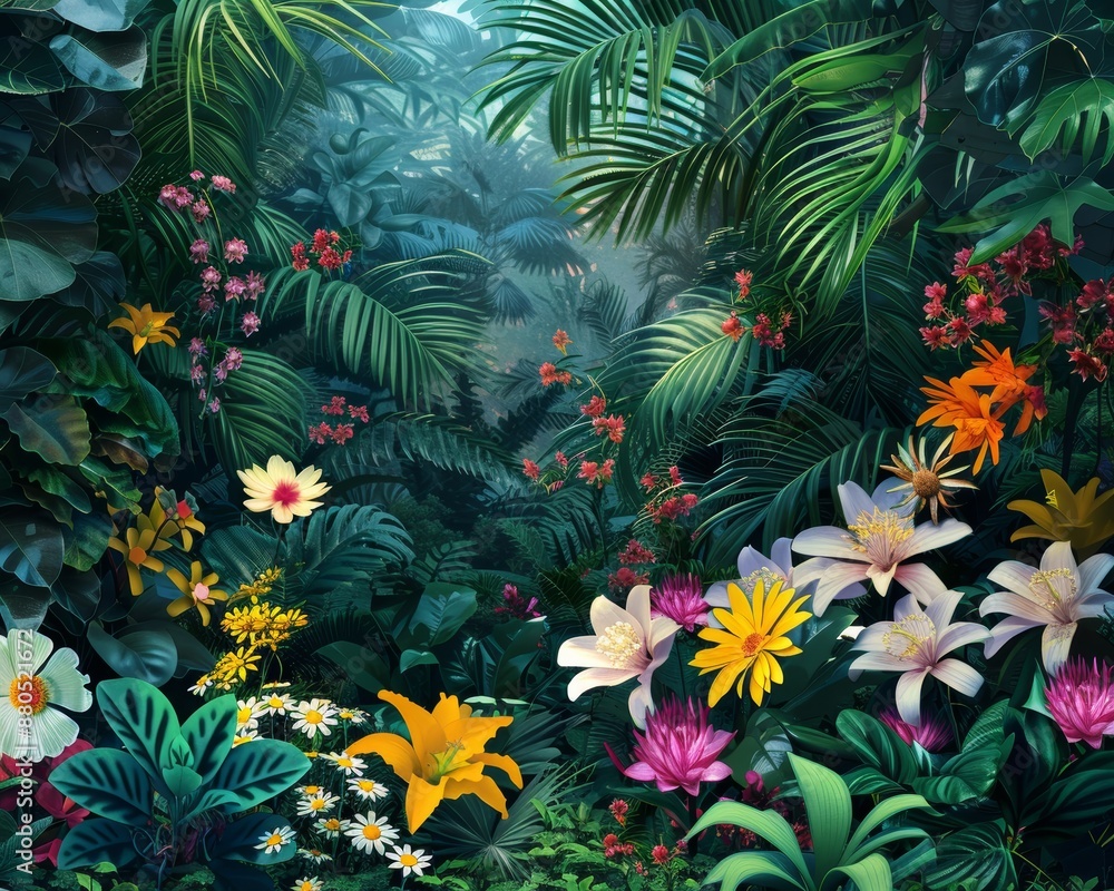 jungle with colorful plants and flowers containing lotus, sakuras clover, grapefruit, rosemary, daisies, sunflower, camellia, acacia jungle with colorful plants and flowers containing lotus, sakuras clover, grapefruit, rosemary, daisies, sunflower, camellia, acacia