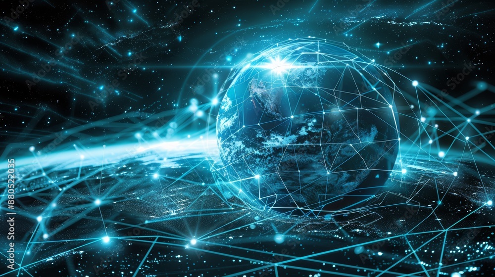 An abstract illustration of the modern digital world as represented by a scientific technology data network that encompasses planet Earth in an abstract way, depicting the connectivity, complexity, An abstract illustration of the modern digital world as represented by a scientific technology data network that encompasses planet Earth in an abstract way, depicting the connectivity, complexity,