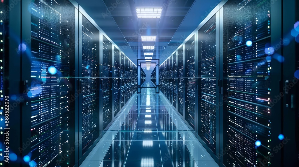 Modern high tech internet data center room with rows of racks and servers. Modern high tech internet data center room with rows of racks and servers.