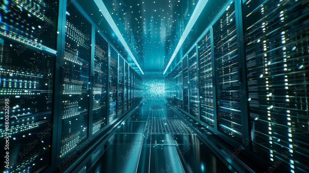 The image shows a modern high-tech data center room with rows of racks containing network and server hardware.