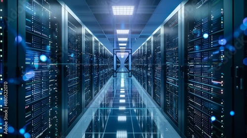 Modern high tech internet data center room with rows of racks and servers. © Антон Сальников