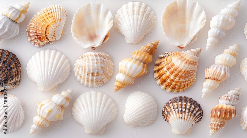 Beautiful seashell collection with various shapes and colors, arranged on a white background for an elegant coastal aesthetic. Beautiful seashell collection with various shapes and colors, arranged on a white background for an elegant coastal aesthetic.