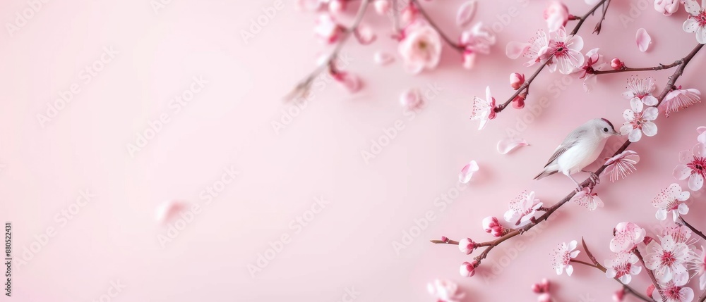 Naklejka premium Beautiful spring scene with cherry blossoms and a delicate bird on soft pink background, perfect for nature-themed designs and decoration.