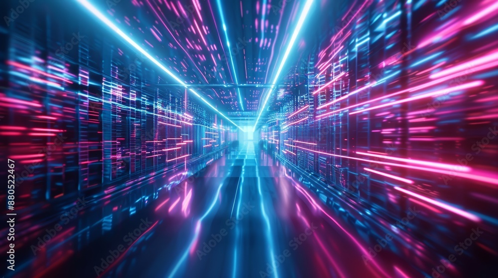 Digital technology tunnel with neon lights. Abstract background with lines for network, big data, data center, server, internet, speed. Digital technology tunnel with neon lights. Abstract background with lines for network, big data, data center, server, internet, speed.