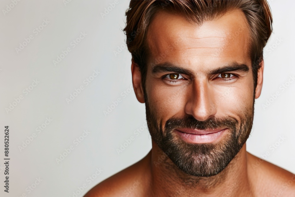 Close-up Portrait, Attractive Man with a Full Beard, Tan Skin, and Brown Eyes Smiling at the Camera. Close-up Portrait, Attractive Man with a Full Beard, Tan Skin, and Brown Eyes Smiling at the Camera.