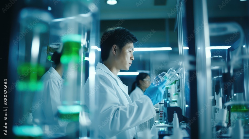 A focused scientist conducting detailed chemical experiments in a professional laboratory setting. A focused scientist conducting detailed chemical experiments in a professional laboratory setting.