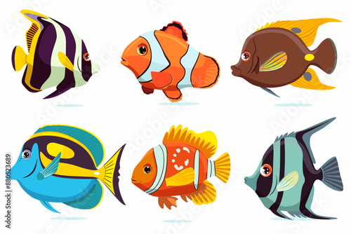Colorful tropical sea fish ocean saltwater cartoon vector set