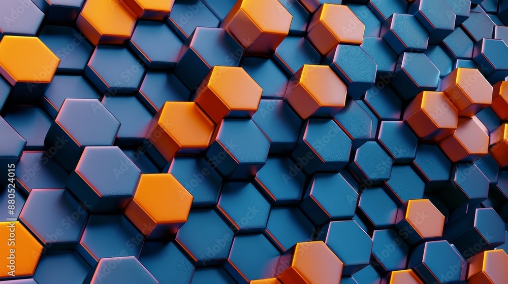 The 3D rendering of blue and orange hexagons as a background pattern The 3D rendering of blue and orange hexagons as a background pattern