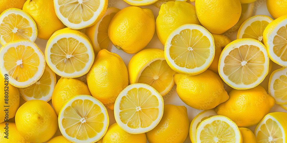 An image showcasing several fresh yellow lemons, both whole and sliced, arranged harmoniously to highlight their vibrant color and visual appeal. An image showcasing several fresh yellow lemons, both whole and sliced, arranged harmoniously to highlight their vibrant color and visual appeal.