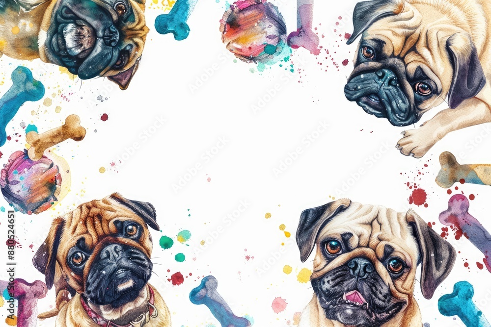 Obraz premium Colorful illustration of pug dogs and toys with a white center space, perfect for pet-themed designs or backgrounds.