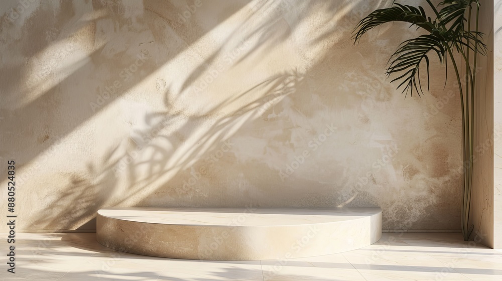 The 3D background shows a blank, beige brown cement curve counter podium with texture, dappled sunlight, leaf shadow, and a soft shadow on a white wall for a luxury organic cosmetic, skincare, beauty The 3D background shows a blank, beige brown cement curve counter podium with texture, dappled sunlight, leaf shadow, and a soft shadow on a white wall for a luxury organic cosmetic, skincare, beauty