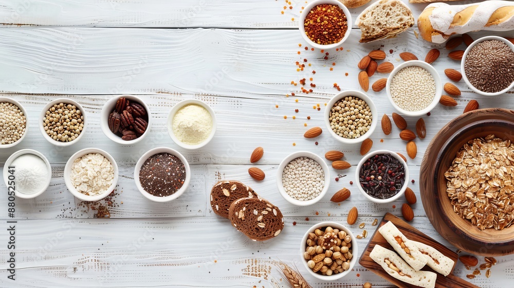White wooden table with gluten free products, flat lay. There is room for text. White wooden table with gluten free products, flat lay. There is room for text.