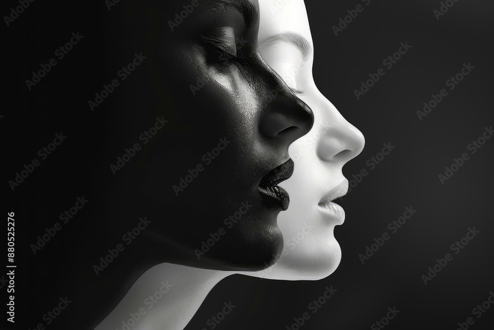 Two models are posing in profile with black and white makeup, creating a striking contrast Two models are posing in profile with black and white makeup, creating a striking contrast