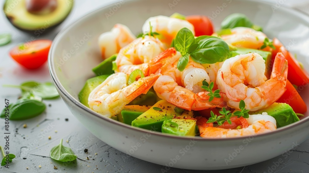 Salad with shrimp, avocado, and tomato cherry on a light table. Concept of healthy eating. Salad with shrimp, avocado, and tomato cherry on a light table. Concept of healthy eating.