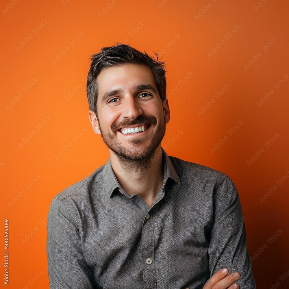 Fototapeta premium Smiling Man With Arms Crossed in Front of Orange Wall