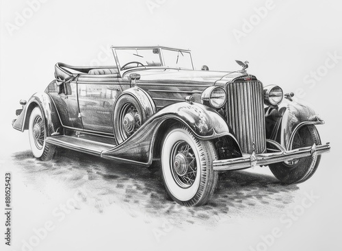 pencil drawing, icon, realistic, white background, of old fashioned car