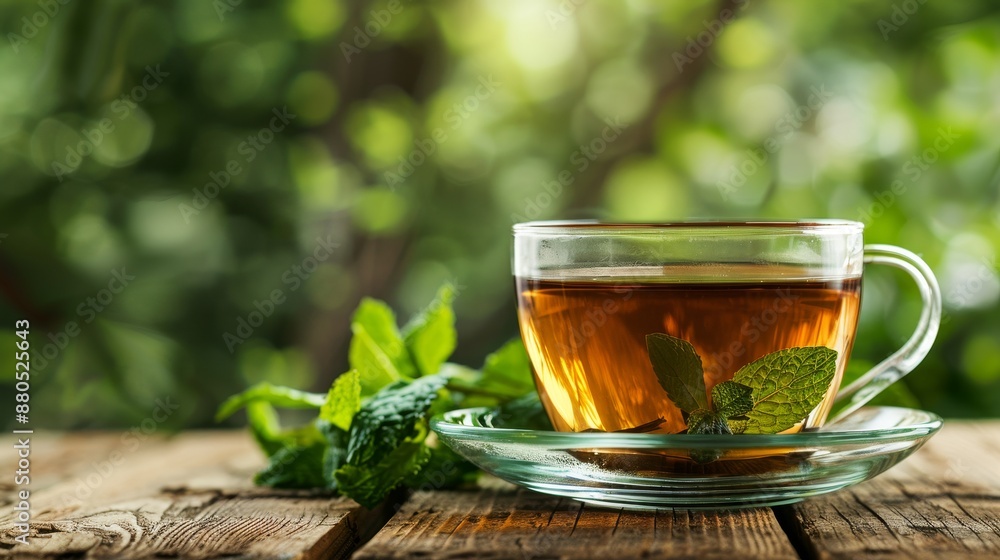 A glass cup of black tea with mint is sat on a wooden table against a natural green blurred background A glass cup of black tea with mint is sat on a wooden table against a natural green blurred background