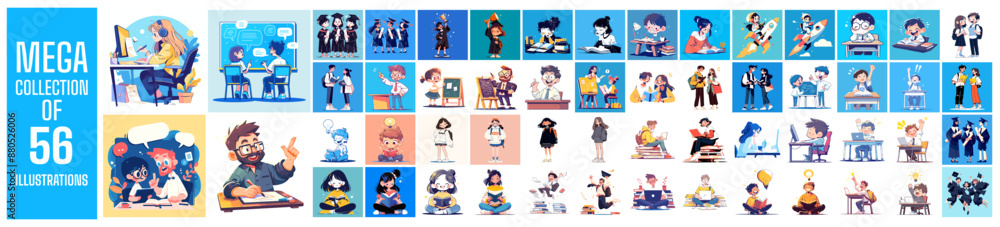 Concept illustrations with an Educational Theme. Used for social media marketing. A mega set featuring a collection of scenes with men and women engaged in various education activities. trendy vector. Concept illustrations with an Educational Theme. Used for social media marketing. A mega set featuring a collection of scenes with men and women engaged in various education activities. trendy vector.