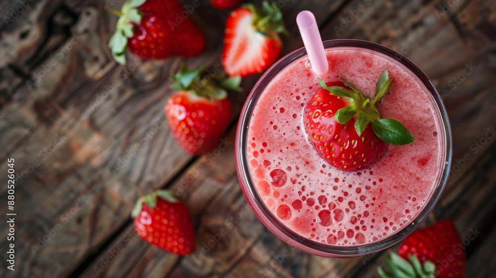 Yummy strawberry smoothie in glass on wooden table with straw. Homemade berry cocktail. View from above. Pink milkshake. Healthy drink. Yummy strawberry smoothie in glass on wooden table with straw. Homemade berry cocktail. View from above. Pink milkshake. Healthy drink.