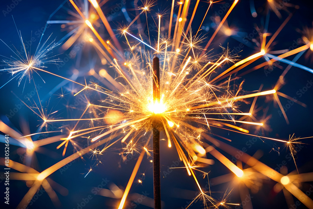 A firework is lit up in the sky with a long, thin stick. The firework is surrounded by many other fireworks, creating a beautiful and colorful display. Scene is festive and celebratory A firework is lit up in the sky with a long, thin stick. The firework is surrounded by many other fireworks, creating a beautiful and colorful display. Scene is festive and celebratory