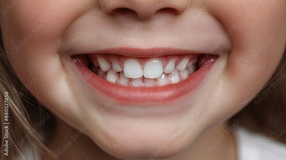 Close-up of a smiling child's mouth showing clean white teeth. Dental care and hygiene photography for design and print. Health and wellness concept. Close-up of a smiling child's mouth showing clean white teeth. Dental care and hygiene photography for design and print. Health and wellness concept.